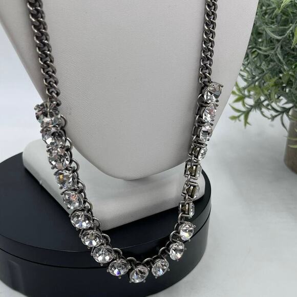 J. Crew Round Prong Set Rhinestone Half Pewter Color Chain Half Martha Necklace - Picture 1 of 16